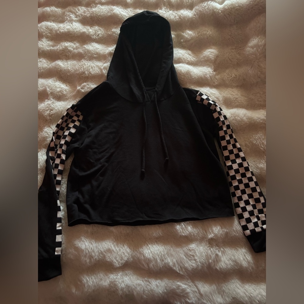 Heart Hips Black Hoodie with Checkered Sleeves